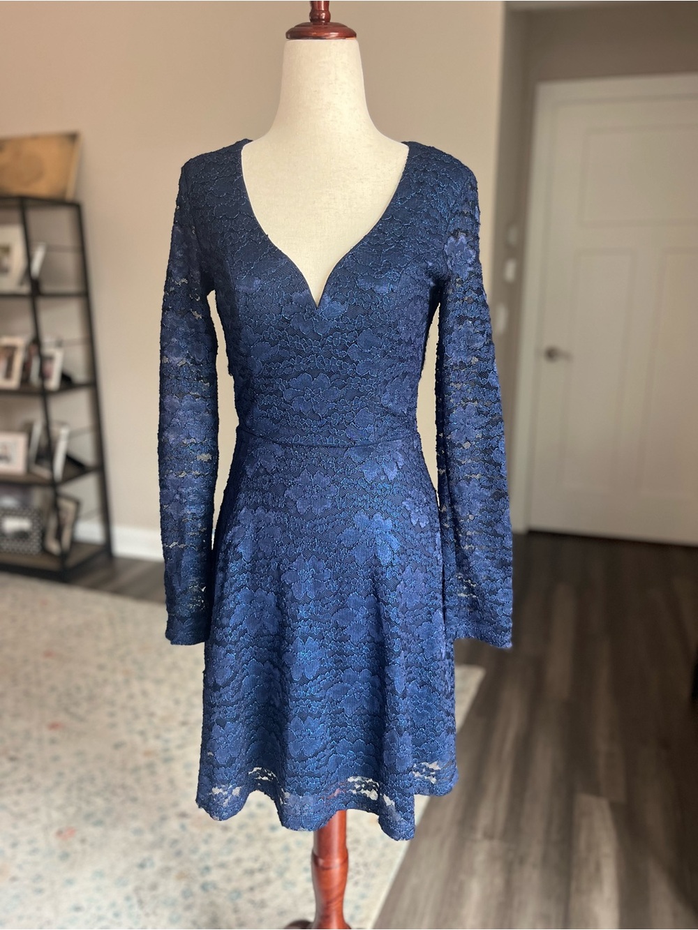 Navy Lace Long-Sleeve Fit & Flare Dress